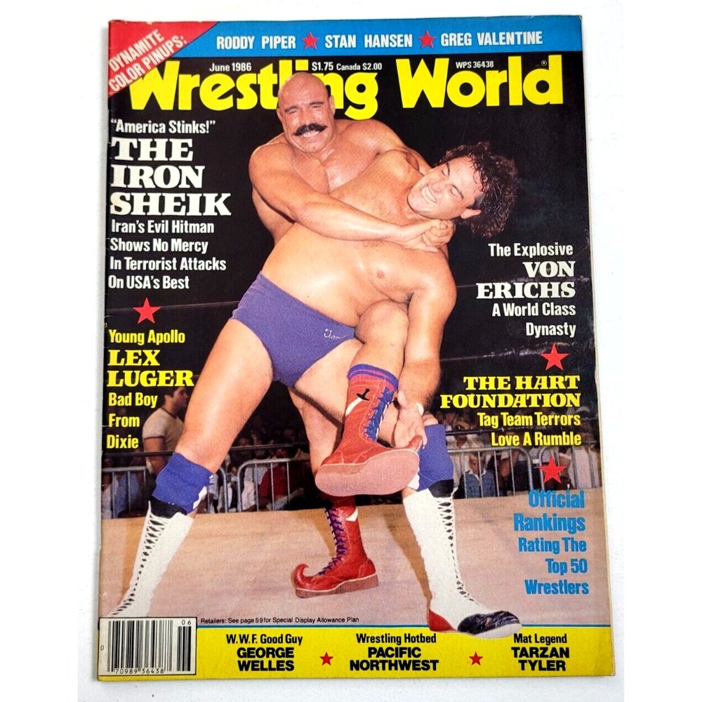 WRESTLING WORLD JUNE 1986 - IRON SHEIK / LEX LUGER / HART FOUNDATION